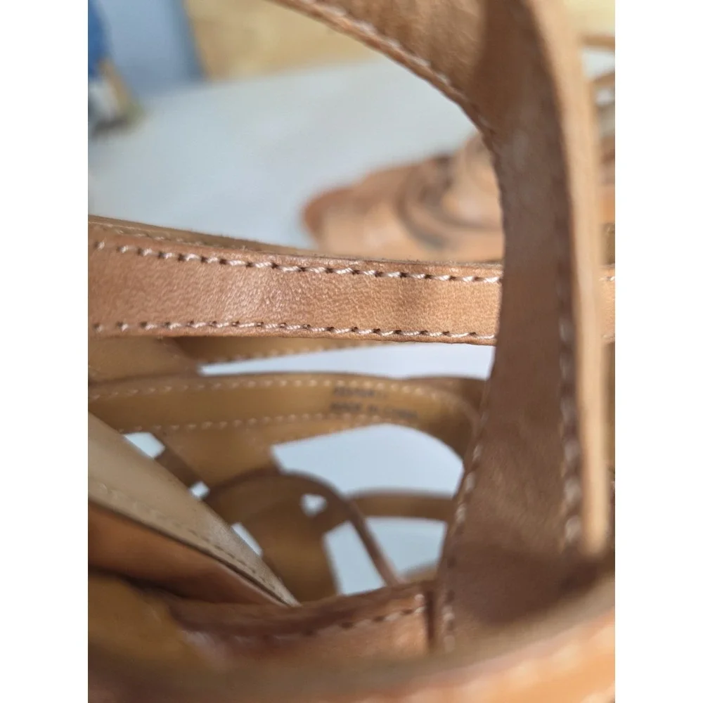 Coach Tan Camel Strappy Brown Platform Wedges‎ Sandals Shoes 9 B Gold Wood Wedge